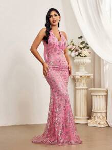 SHEIN Belle 優雅露背高跟領口吊帶長禮服，時尚長尾美人裝晚禮服