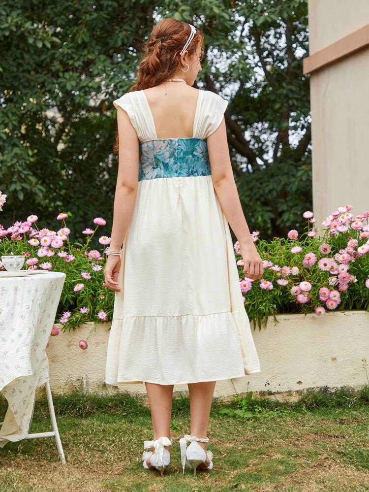 Teenage Girls Elegant Solid Color Printed Splicing Dress Suitable For Spring