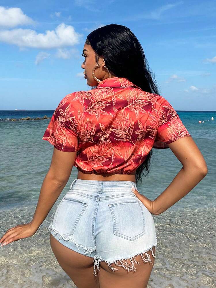 Cropened Vacation Style Front Tied Women Shirt
