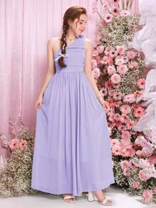 SHEIN Teen Girl Woven Solid Color 3D Floral One-Shoulder Pleated Long Casual Dress - Mauve Purple - View 3