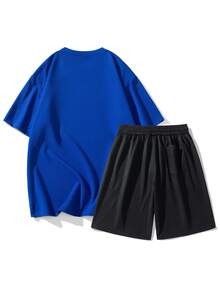 Bộ đồ mùa hè cho nam: Áo thun cổ tròn tay ngắn in chữ & mặt cười và quần short thắt lưng dây rút - Màu xanh lam - Xem 2