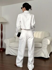 DAZY 女士時尚純色牛仔外套和褲子套裝 - 白色 - 查看 2