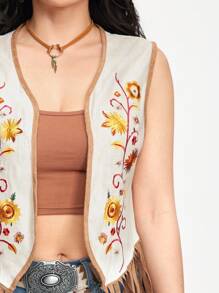 ROMWE Hippie 嬉皮士复古花卉刺绣流苏下摆背心
