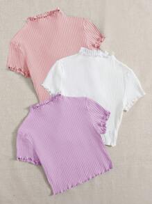SHEIN EZwear 女士夏季流行針織T恤，有波浪邊的設計，多件套裝 - 彩色 - 查看 4