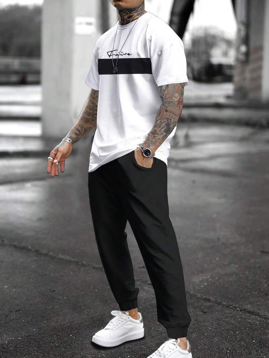 SHEIN Cottnline 100%纯棉男士拼色字母印花T恤和抽绳腰裤套装 - 彩色 - 查看 1