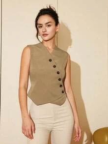 Amyenjoylife Women's Spring/Summer Casual Cropped Blazer Vest With Oblique Button Closure, Old Money Style Rave Business Casual - Brown - View 7