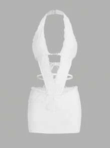 SHEIN ICON Vestido halter de encaje de doble capa entallado a la figura con adorno de metal y abertura trasera hueca