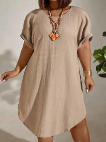 SHEIN CURVE+ Plus Size Solid Textured Simple Summer Dress - Khaki - View 4