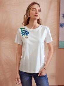 MOTF PREMIUM FLORAL EMBROIDERY SHORT SLEEVE T-SHIRT - White - View 8