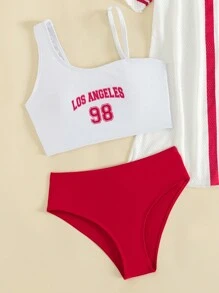 青少年女孩 4 件套字母图案比基尼套装 & 和服 & 短裤夏季海滩