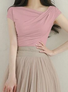 DAZY Solid Color Asymmetrical Collar Ruched Slim Fit Short Sleeve T-Shirt For Summer - Baby Pink - View 2