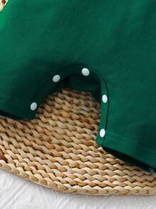 SHEIN 2pcs Cute Casual Color-Block Stripe Collared Short Sleeve Romper With Button-Front And Shorts For Baby Boy - Dark Green - View 5