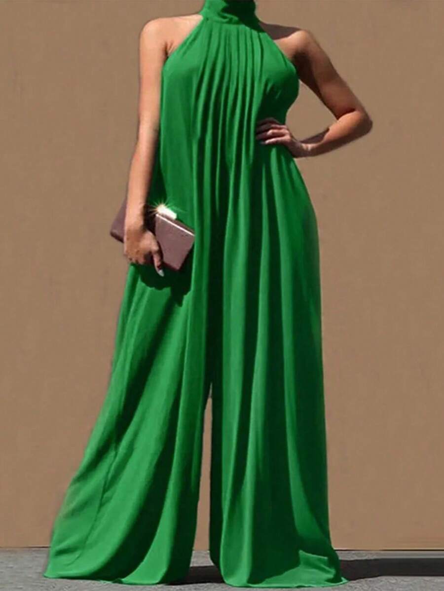 Plus Size Green Sleeveless Halter Neck Loose Casual Jumpsuit - 綠色 - 查看 1