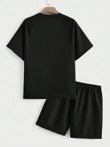 Manfinity Homme Conjunto de hombre de manga corta y pantalón corto unicolor y diseño simple - Negro - Ver 2