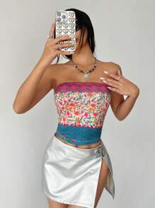 SHEIN DivaQ Women\ Holiday Style Printed Bandeau Top - Multicolor - View 5