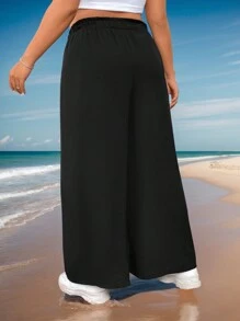 SHEIN EZwear Plus Size Women's Black Ruffle High Waist Loose Wide Leg Solid Pants For Summer - Black - View 2