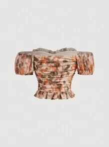 SHEIN MOD 復古夏季印染網紗襯墊荷葉邊短款上衣 - 彩色 - 查看 2
