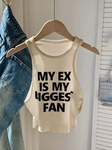 Comfortcana Summer Casual Slogan Printed Round Neck Sleeveless Tank Top, Versatile Striped Tank Top - Apricot - View 6