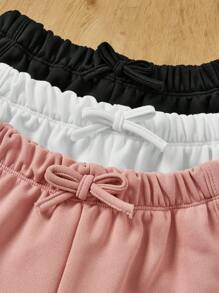 SHEIN 少女針織實色蝴蝶結休閒短褲三件套 - 粉色 - 查看 3