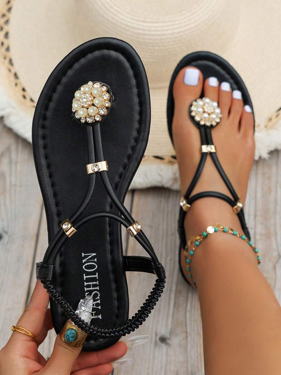 Sandalias Planas De Verano Negras Para Mujeres Jóvenes Con Decoración De Perlas Y Diamantes De Imitación, Zapatos De Playa Con Estilo De Cuentas Hechas A Mano Para Fiesta Y Promoción - Negro - Ver 1