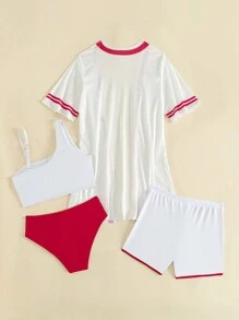 青少年女孩 4 件套字母图案比基尼套装 & 和服 & 短裤夏季海滩