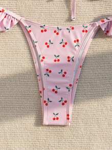 Swim Mod Summer Beach Women Vacation Cherry Print Spliced Ruffle Hem Bikini Set - Pink - View 5