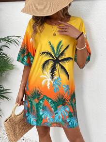 Breezaya Vestido mini de manga corta suelto con estampado, estilo de vacaciones en la playa para mujer