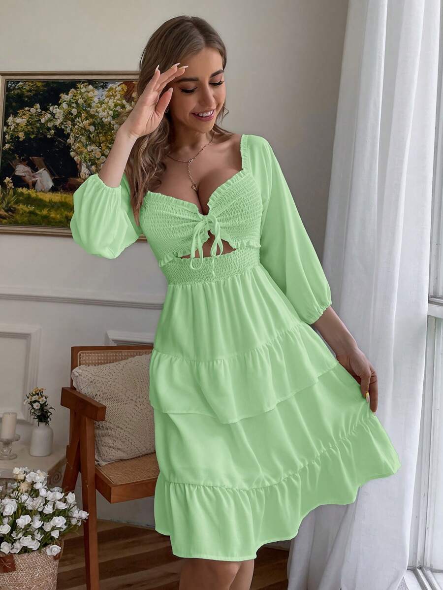 GENKIRA Spring/Summer Solid Lantern Sleeve Hollow Out Drawstring Tie Ruffle Hem Dress - Green - View 1