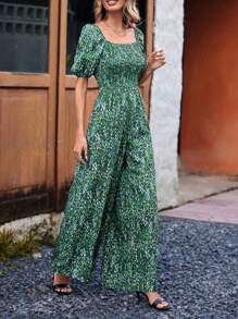 SHEIN LUNE Của phụ nữ Bong bóng Ngắn tay Áo liền quần Với In toàn bộ Và Áo choàng mặt trước Bảng - màu xanh lá - Xem 4