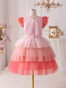 SHEIN Tween Girls' Embellished Collar Triple-Layered Mesh Ruffle-Sleeve Button-Back Blouse With Layered Mesh Skirt, 2pcs/Set