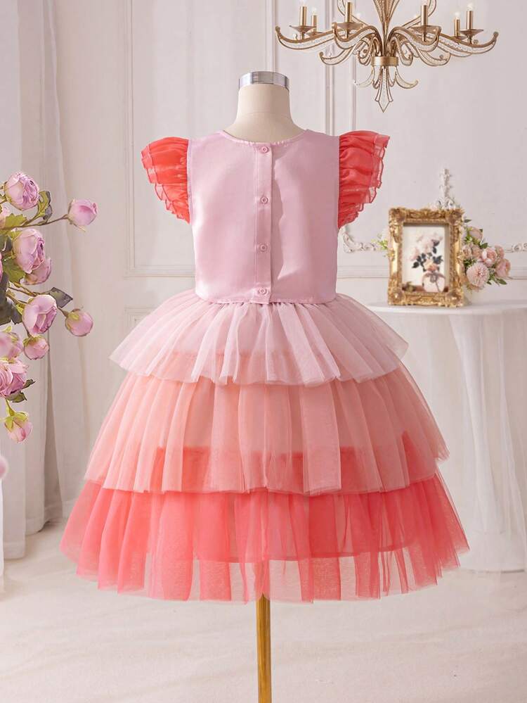 Tween Girls' Embellished Collar Triple-Layered Mesh Ruffle-Sleeve Button-Back Blouse With Layered Mesh Skirt, 2pcs/Set