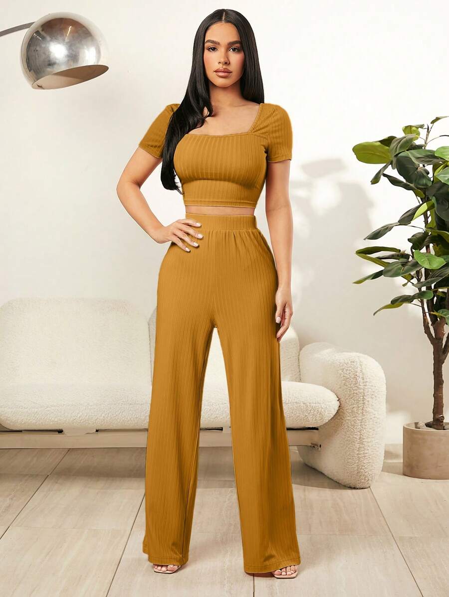SHEIN SXY Conjunto de top y pantalones para mujer de color sólido con cuello cuadrado y detalles acanalados. - Marrón - Ver 1