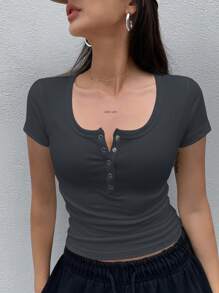 Dazy Star Solid Color Half Placket Slim Fit Cropped Short Sleeve T-Shirt For Summer - Grey - View 5