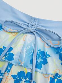 SHEIN MOD Mùa hè Thời gian rảnh rỗi Eo Dây rút Xếp li Vá lại In hoa Váy - Màu xanh lam - Xem 4