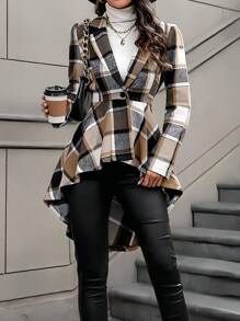 SHEIN LUNE 女式不對稱褶邊格紋羊毛外套 - 咖啡棕 - 查看 4