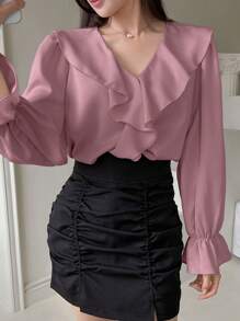 DAZY Solid Color Elegant Long-Sleeved Shirt With V-Neck And Ruffle Details