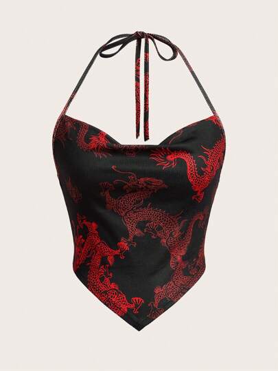 SHEIN EZwear 夏季龍紋不對稱下擺雙肩帶背心上衣