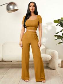 SHEIN SXY Conjunto de top y pantalones para mujer de color sólido con cuello cuadrado y detalles acanalados. - Marrón - Ver 3
