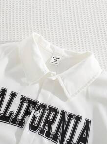 SHEIN Tween Boy Casual Streetwear Letter Printed Turn-Down Collar Short Sleeve Shirt And Solid Color Shorts Woven 2pcs/Set With Solid Color Knit Round Neck Tank Top, Multi-Pieces