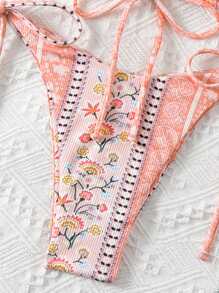 SHEIN Swim 夏日海滩印花随意后背系带细肩带比基尼套装 - 橘色 - 查看 4