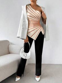 SHEIN Privé 夏季條紋印花拼色不對稱下擺單肩上衣，帶開叉設計 - 藕粉色 - 查看 6