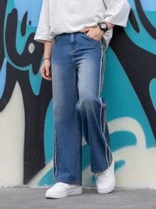 Teen Boy Quần denim ống rộng giản dị và sành điệu mới - Rửa tối - Xem 4