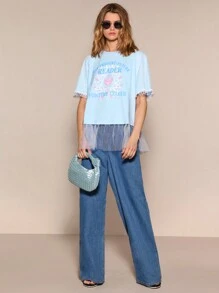 SHEINNeu Women Summer Short Sleeve Casual T-Shirt With Letter Moon Print And Round Neck