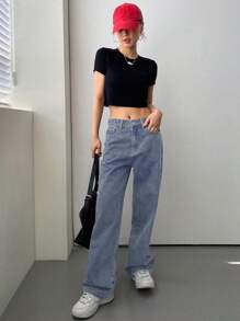 DAZY Jeans rectos de ajuste holgado, ropa de vuelta al colegio - Lavado ligero - Ver 2