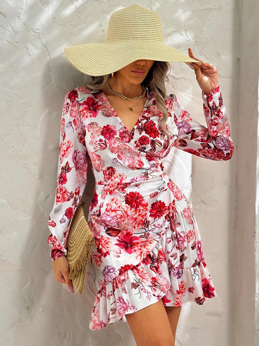 RueChic Holiday Floral Print Wrap Ruffle Hem Dress - Multicolor - View 1