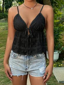 SHEIN Unity Solid Color Front Knot Schiffy Camisole Top For Summer - Black - View 4
