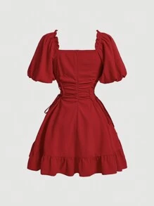 SHEIN MOD 女士方领泡泡袖系带侧裙，女士波西米亚风荷叶边、系带、荷叶边下摆短袖方领常规款式短款红色泡泡袖纯色 A 字型女士短裙，春夏，派对/夜总会服装