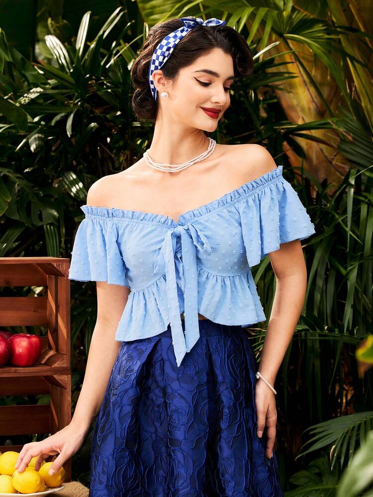 Vintage Elegant Short-Sleeved Shirt With Ruffle Trim And Bow Tie At Ear-Hole, Perfect For Summer Vacation Hawaiian Summer Women Shirts Blue Tops Retro Crop Top Mother Day Concert Graduation Wedding