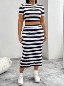 Flirla Plus Size Striped Round Neck Top + Skirt = 2 Pieces Set For Summer - Black and White - View 4