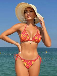 SHEIN Swim 女士夏日沙灘花卉印花綁頸比基尼套裝，適用於沙灘度假，花型隨機 - 橘色 - 查看 3